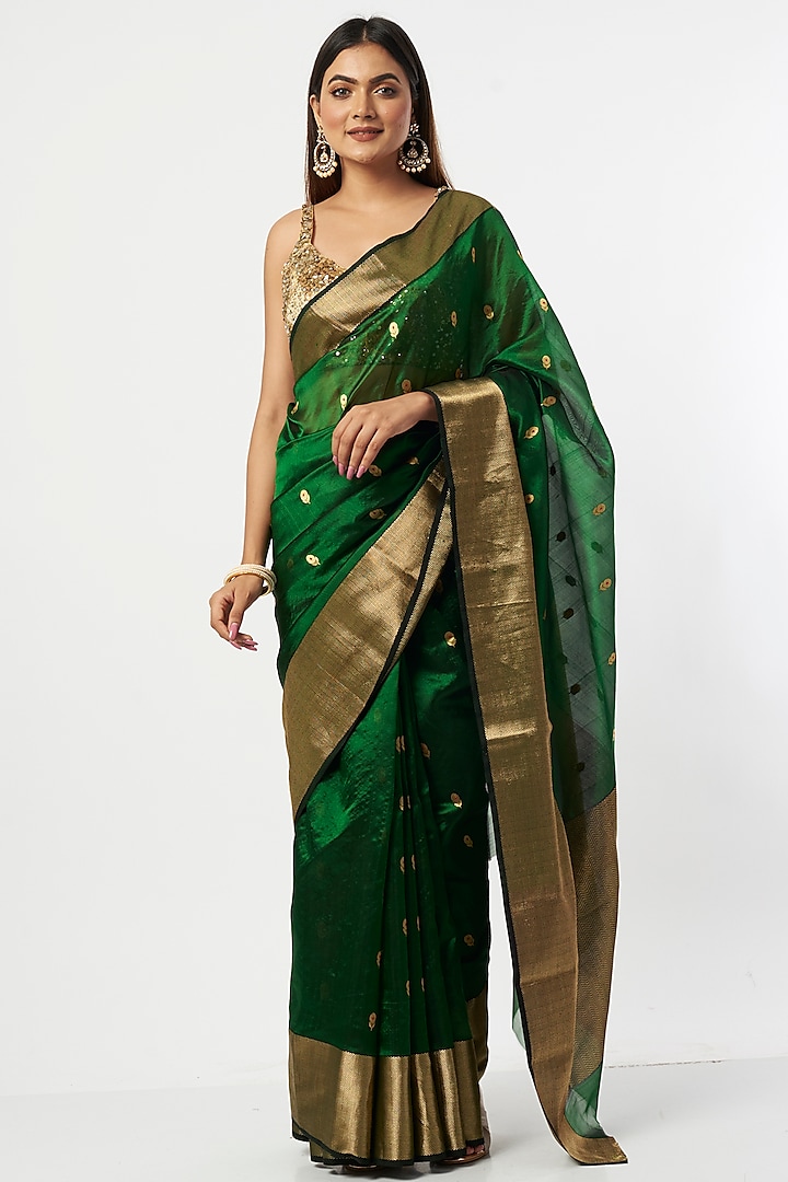 Deep Green Silk Chanderi Saree Set by Priyanka Raajiv