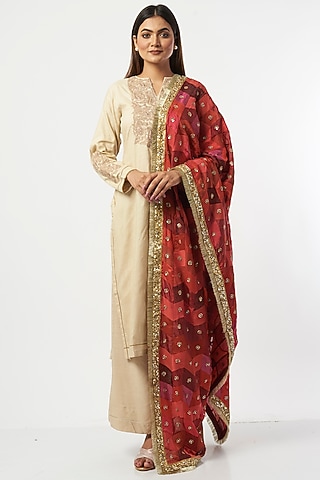 Red Brocade Upcycled Patchwork Hand Embroidered Dupatta by Priyanka Raajiv
