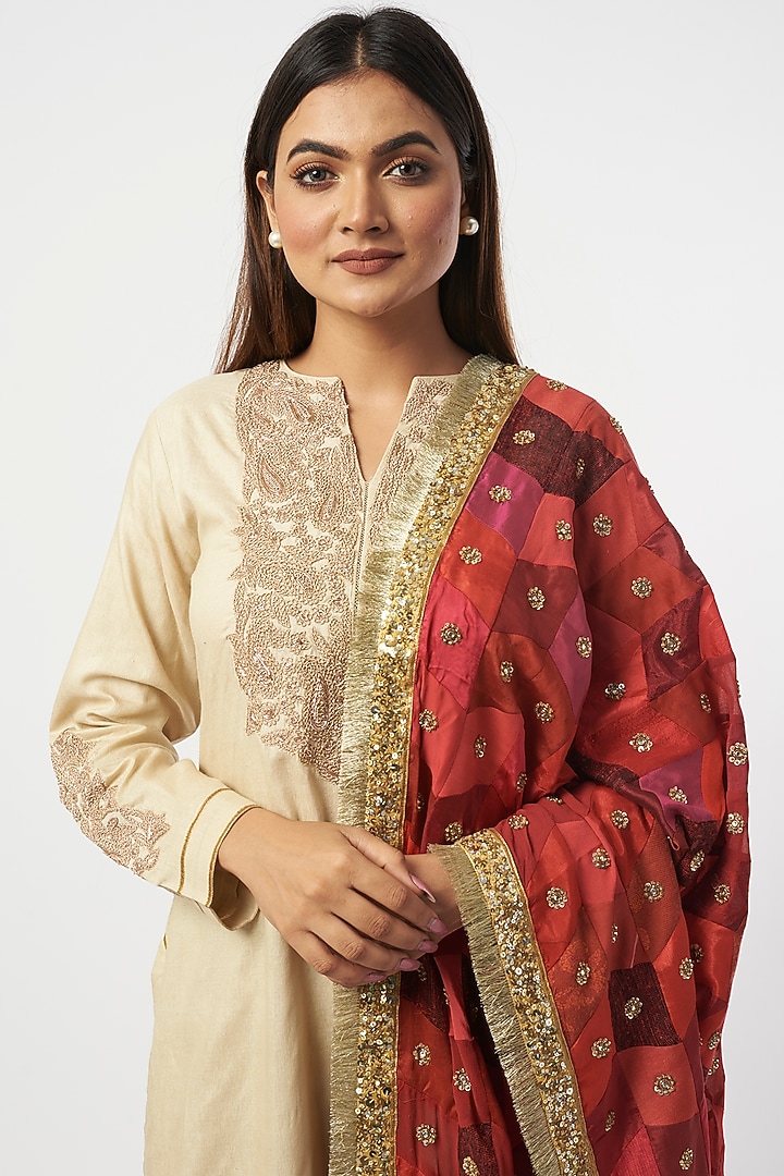 Red Brocade Upcycled Patchwork Hand Embroidered Dupatta by Priyanka Raajiv at Pernia's Pop Up Shop
