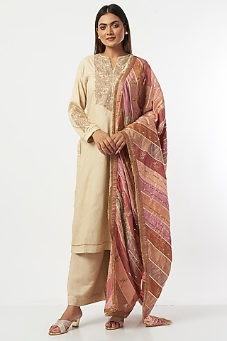 Onion Pink Brocade Upcycled Patchwork Hand Embroidered Dupatta by Priyanka Raajiv