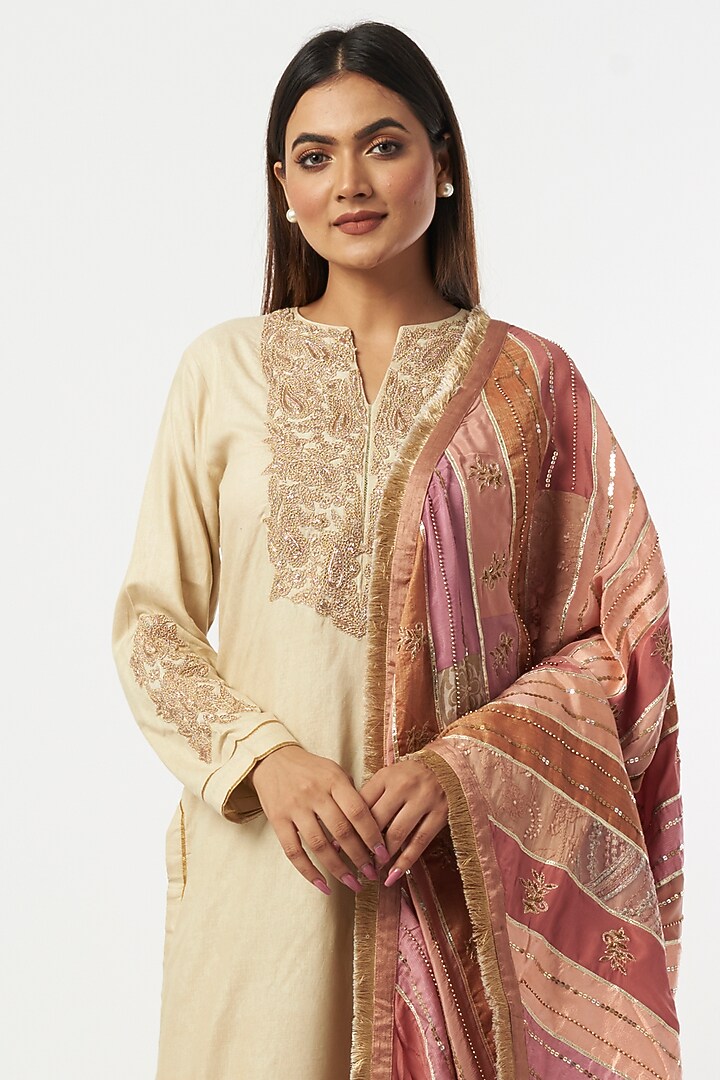 Onion Pink Brocade Upcycled Patchwork Hand Embroidered Dupatta by Priyanka Raajiv at Pernia's Pop Up Shop
