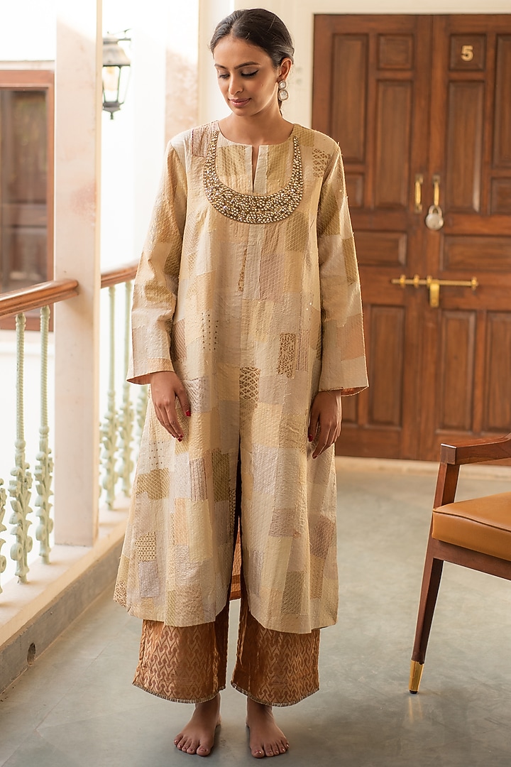 Ivory Silk & Cotton Patch Work Kurta Set by Priyanka Raajiv at Pernia's Pop Up Shop