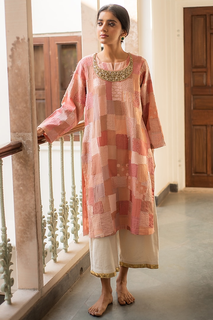 Pink Silk & Cotton Patch Work Kurta Set by Priyanka Raajiv at Pernia's Pop Up Shop
