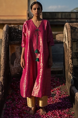 Pink Brocade Kalidar Kurta Set by Priyanka Raajiv