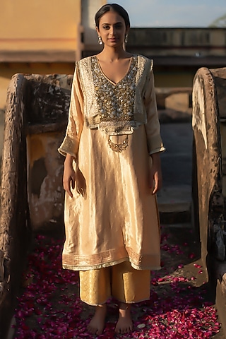 Beige Silk Brocade Embroidered Kurta Set by Priyanka Raajiv