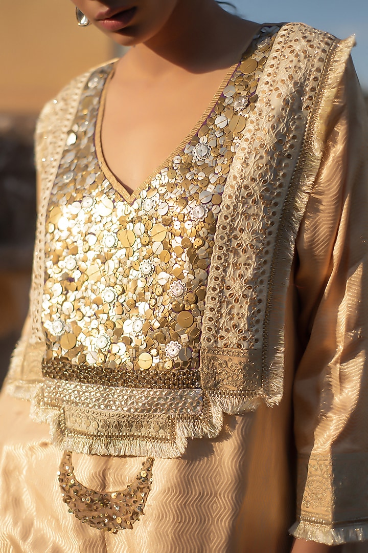 Beige Silk Brocade Embroidered Kurta Set by Priyanka Raajiv at Pernia's Pop Up Shop