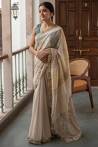 Beige Brocade & Satin Patch Work Saree Set by Priyanka Raajiv