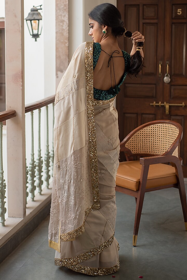 Beige Brocade & Satin Patch Work Wedding Saree Set by Priyanka Raajiv at Pernia's Pop Up Shop