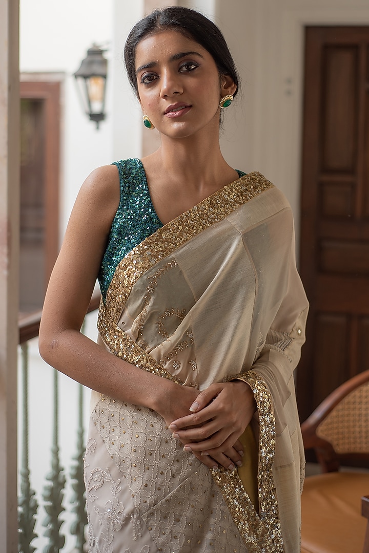 Beige Brocade & Satin Patch Work Wedding Saree Set by Priyanka Raajiv at Pernia's Pop Up Shop
