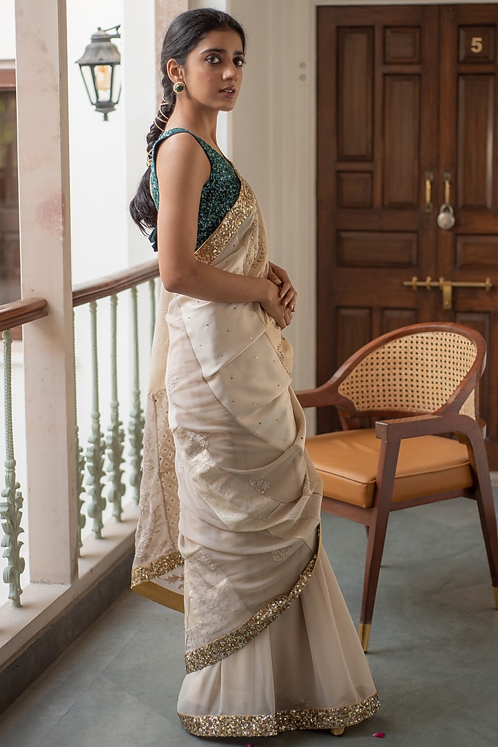 Beige Brocade & Satin Patch Work Wedding Saree Set by Priyanka Raajiv at Pernia's Pop Up Shop
