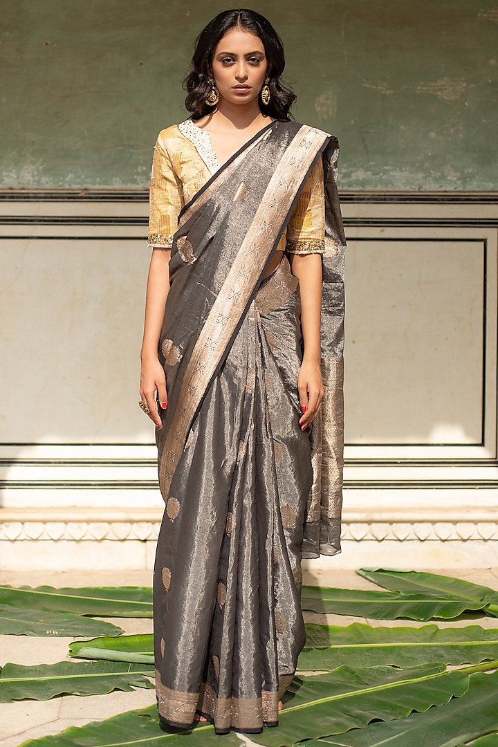 Charcoal Grey Banarasi Silk Tissue Saree Set by Priyanka Raajiv