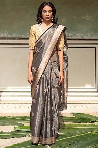 Charcoal Grey Banarasi Silk Tissue Saree Set by Priyanka Raajiv
