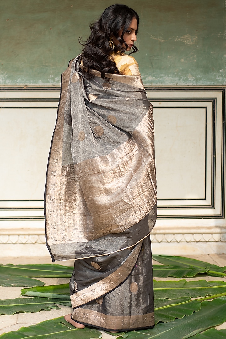Charcoal Grey Banarasi Silk Tissue Wedding Saree Set by Priyanka Raajiv at Pernia's Pop Up Shop