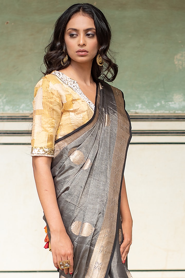 Charcoal Grey Banarasi Silk Tissue Wedding Saree Set by Priyanka Raajiv at Pernia's Pop Up Shop