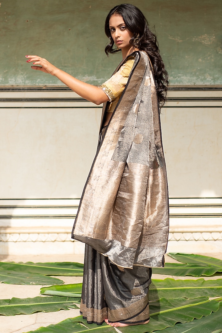 Charcoal Grey Banarasi Silk Tissue Wedding Saree Set by Priyanka Raajiv at Pernia's Pop Up Shop
