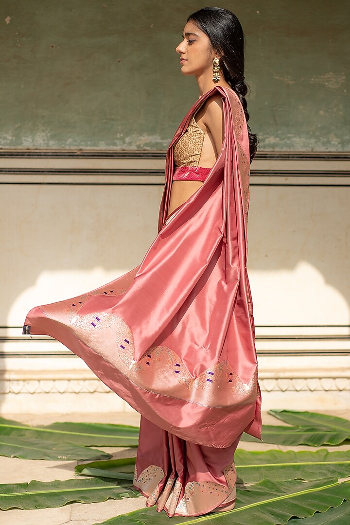Coral Silk Banarasi Mashru Wedding Saree Set by Priyanka Raajiv at Pernia's Pop Up Shop