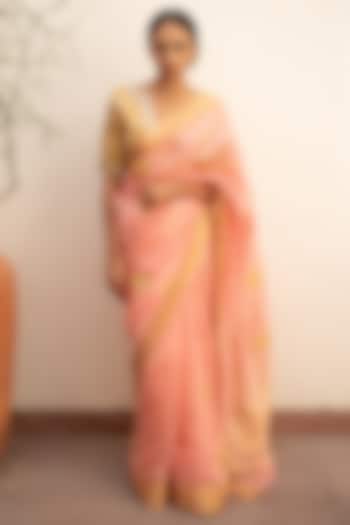 Blush Coral Silk Chanderi Party Wear Saree Set by Priyanka Raajiv at Pernia's Pop Up Shop