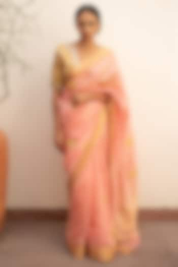 Blush Coral Silk Chanderi Saree Set by Priyanka Raajiv