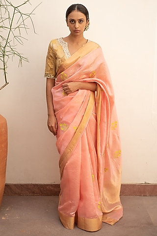 Blush Coral Silk Chanderi Saree Set by Priyanka Raajiv
