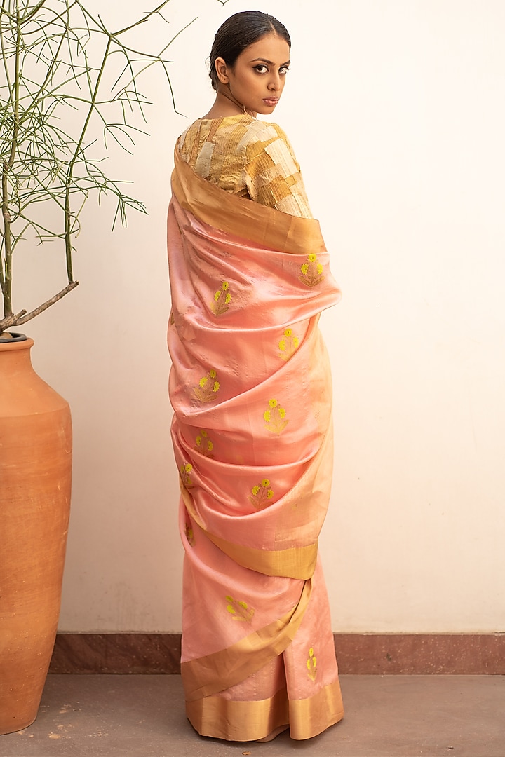 Blush Coral Silk Chanderi Party Wear Saree Set by Priyanka Raajiv at Pernia's Pop Up Shop