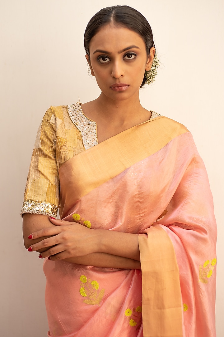 Blush Coral Silk Chanderi Party Wear Saree Set by Priyanka Raajiv at Pernia's Pop Up Shop