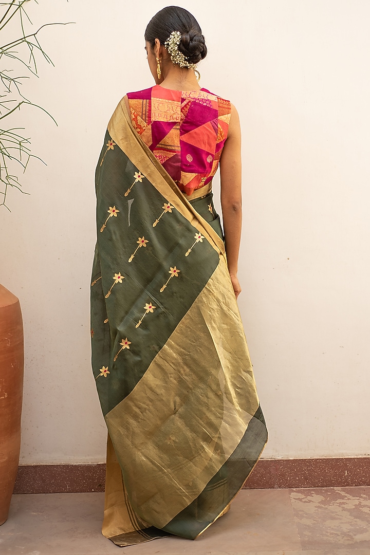 Bottle Green Silk Chanderi Party Wear Saree Set by Priyanka Raajiv at Pernia's Pop Up Shop