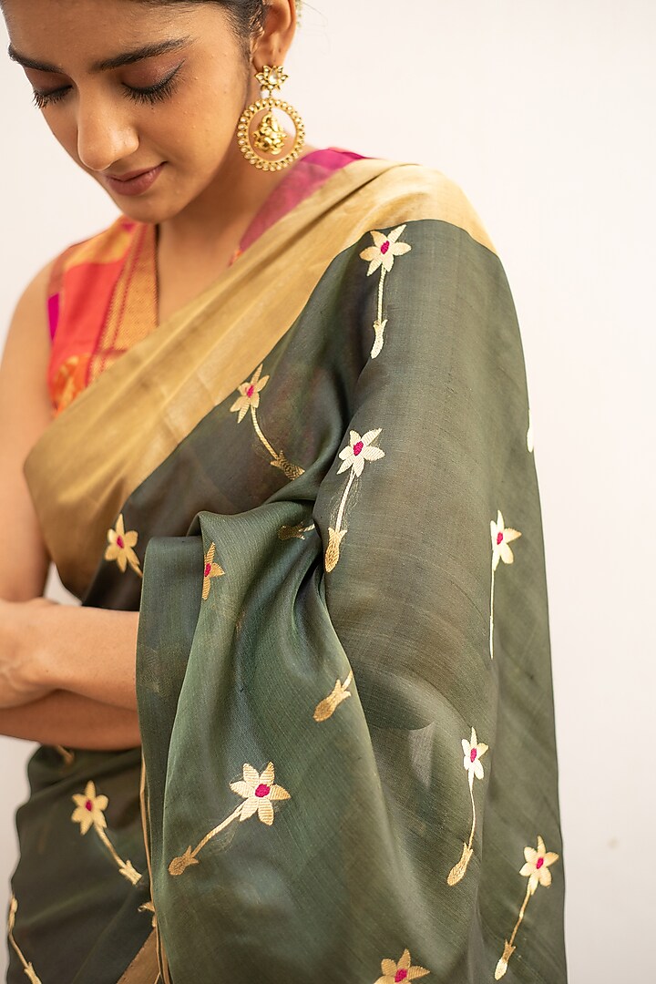 Bottle Green Silk Chanderi Party Wear Saree Set by Priyanka Raajiv at Pernia's Pop Up Shop