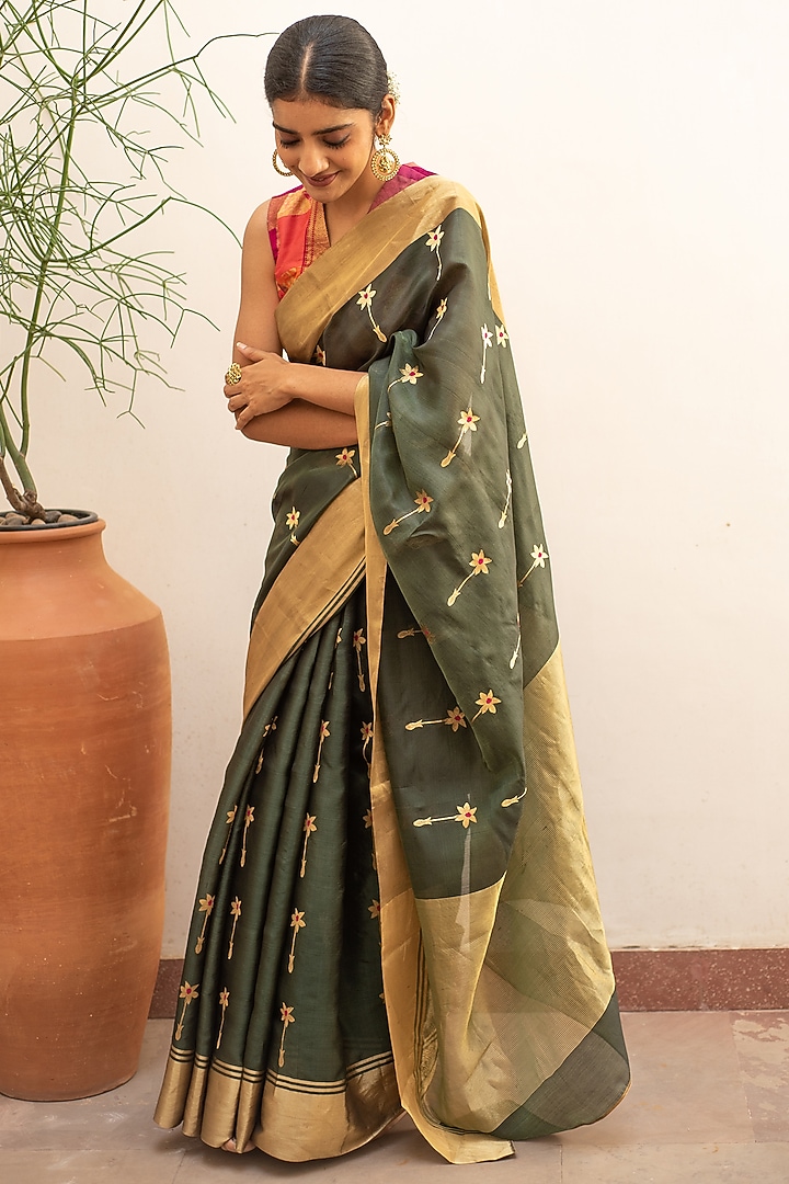 Bottle Green Silk Chanderi Party Wear Saree Set by Priyanka Raajiv at Pernia's Pop Up Shop