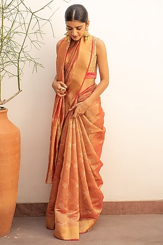 Coral Silk Chanderi Saree Set by Priyanka Raajiv