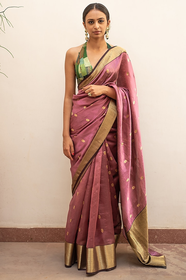 Dark Mauve Silk Chanderi Saree Set by Priyanka Raajiv