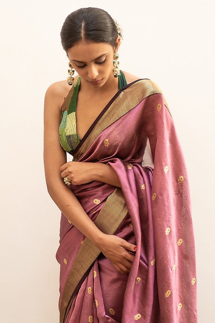 Dark Mauve Silk Chanderi Party Wear Saree Set by Priyanka Raajiv at Pernia's Pop Up Shop