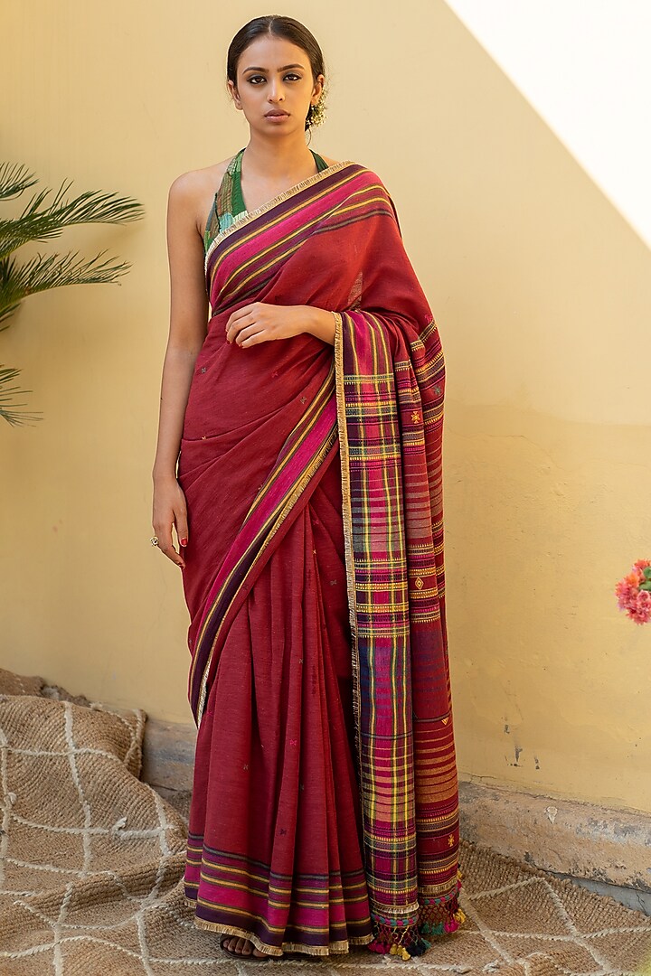 Burgundy Organic Cotton Striped Saree Set by Priyanka Raajiv