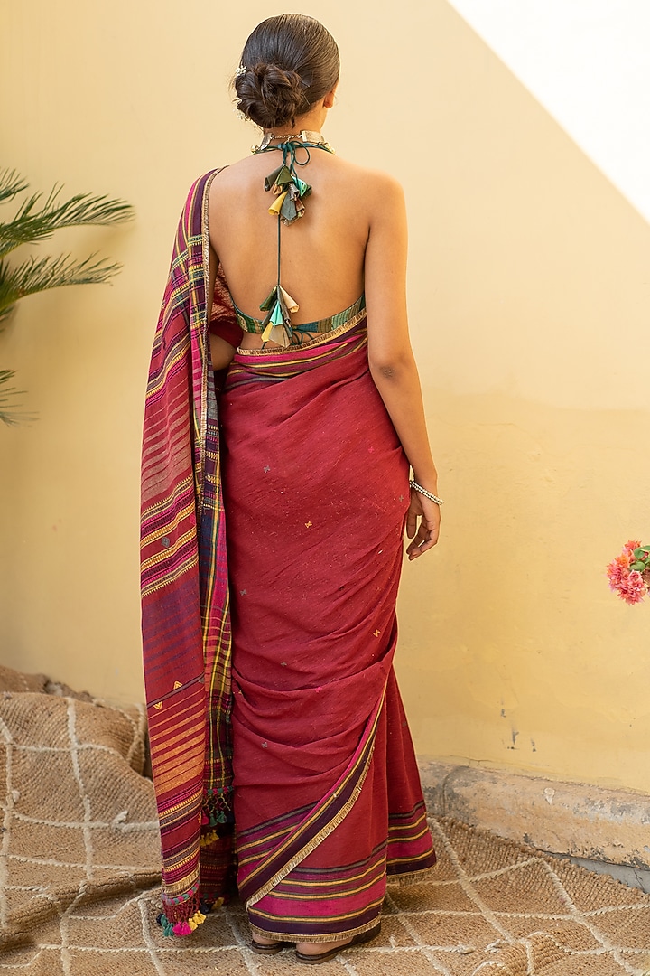 Burgundy Organic Cotton Striped Party Wear Saree Set by Priyanka Raajiv at Pernia's Pop Up Shop