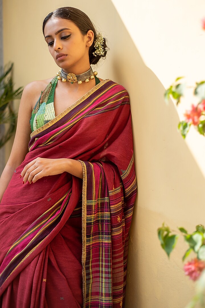 Burgundy Organic Cotton Striped Party Wear Saree Set by Priyanka Raajiv at Pernia's Pop Up Shop