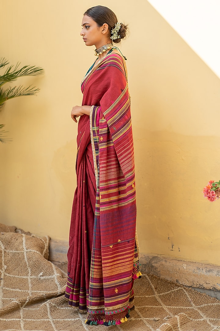 Burgundy Organic Cotton Striped Party Wear Saree Set by Priyanka Raajiv at Pernia's Pop Up Shop