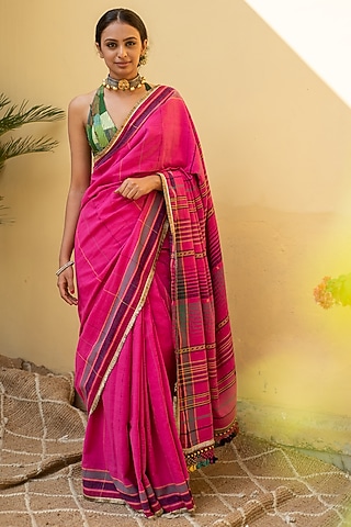 Fuchsia Pink Organic Cotton Saree Set by Priyanka Raajiv