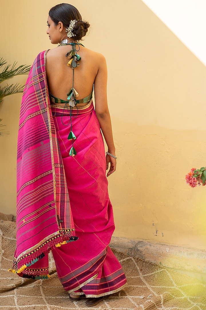 Fuchsia Pink Organic Cotton Party Wear Saree Set by Priyanka Raajiv at Pernia's Pop Up Shop