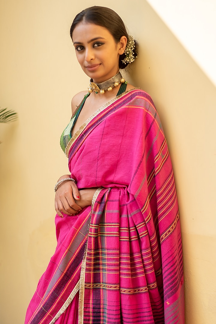 Fuchsia Pink Organic Cotton Party Wear Saree Set by Priyanka Raajiv at Pernia's Pop Up Shop