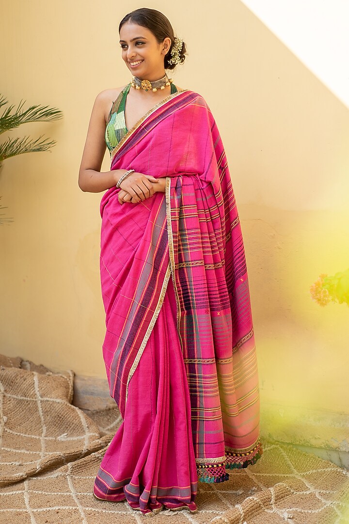 Fuchsia Pink Organic Cotton Party Wear Saree Set by Priyanka Raajiv at Pernia's Pop Up Shop