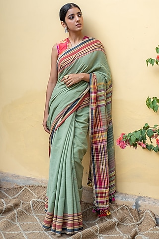 Sage Green Organic Cotton Striped Saree Set by Priyanka Raajiv