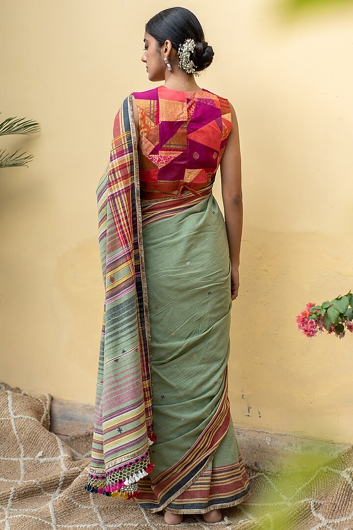Sage Green Organic Cotton Striped Party Wear Saree Set by Priyanka Raajiv at Pernia's Pop Up Shop