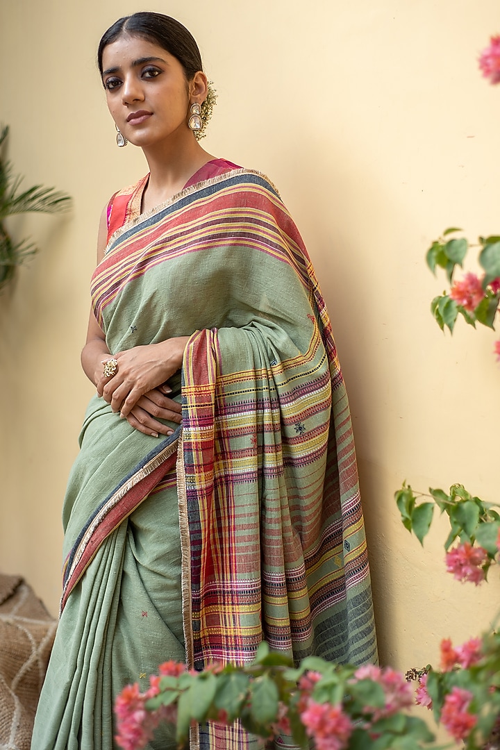 Sage Green Organic Cotton Striped Party Wear Saree Set by Priyanka Raajiv at Pernia's Pop Up Shop