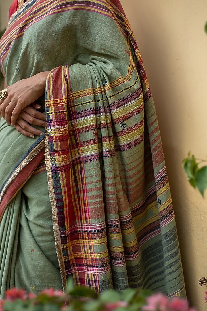 Sage Green Organic Cotton Striped Party Wear Saree Set by Priyanka Raajiv at Pernia's Pop Up Shop