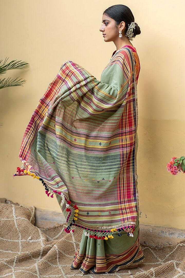 Sage Green Organic Cotton Striped Party Wear Saree Set by Priyanka Raajiv at Pernia's Pop Up Shop