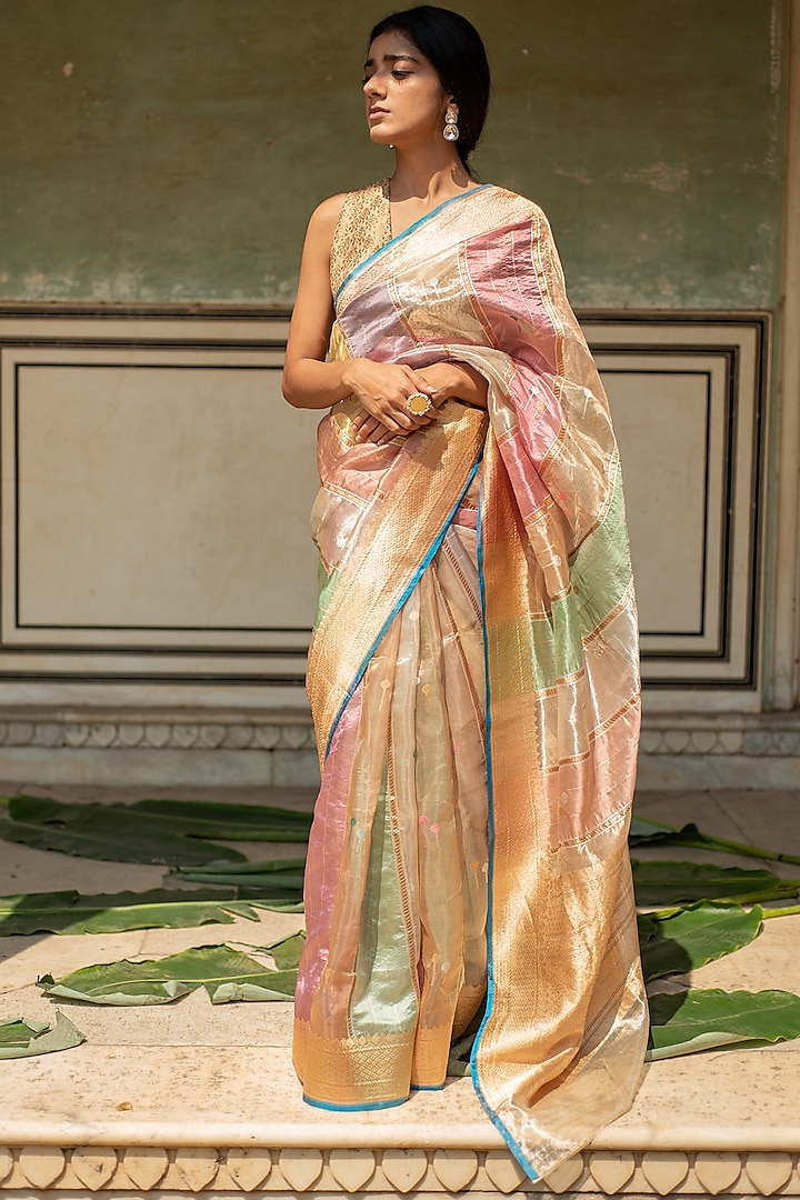 Multi-Colored Silk Banarasi Organza Saree Set by Priyanka Raajiv