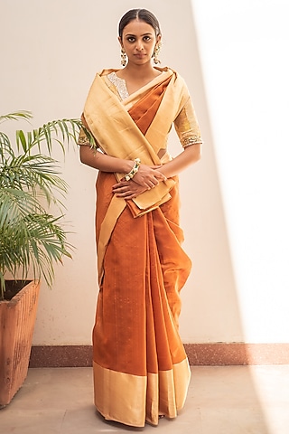 Rust Silk Chanderi Saree Set by Priyanka Raajiv