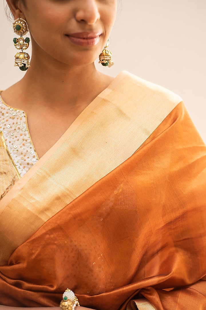 Rust Silk Chanderi Party Wear Saree Set by Priyanka Raajiv at Pernia's Pop Up Shop
