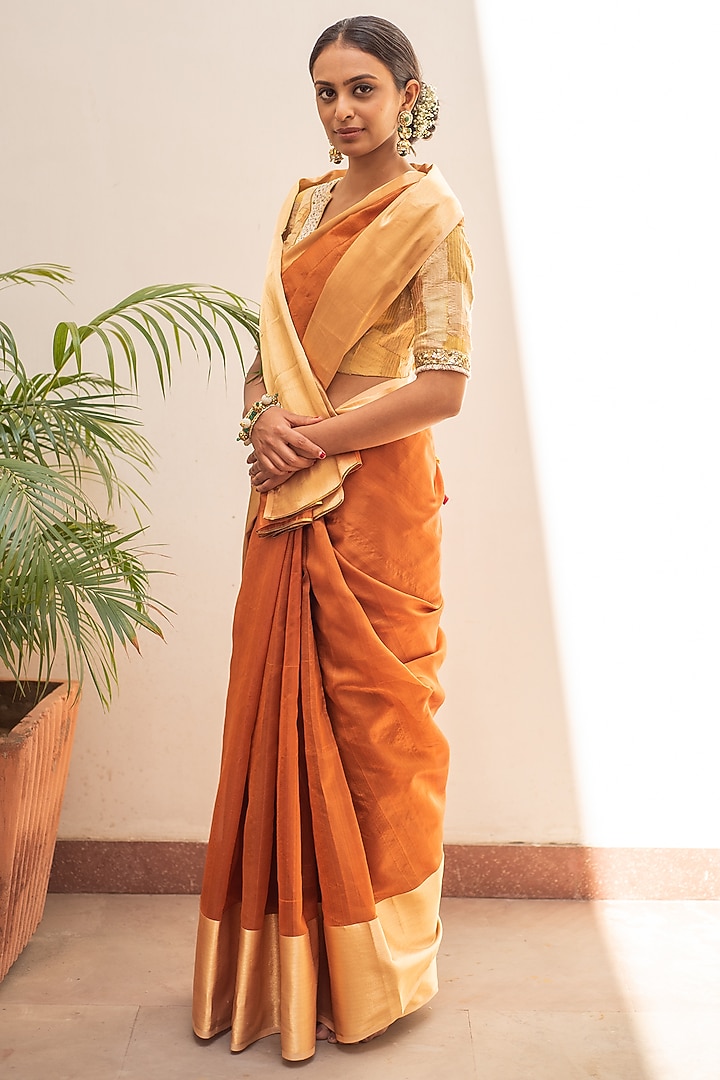Rust Silk Chanderi Party Wear Saree Set by Priyanka Raajiv at Pernia's Pop Up Shop