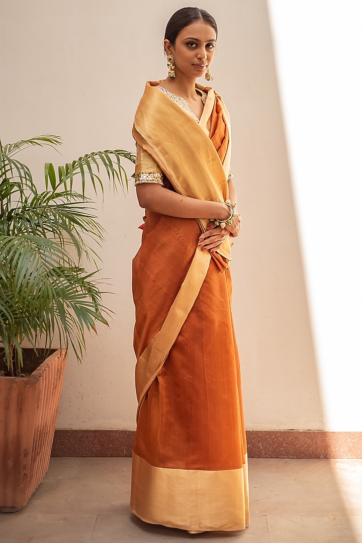Rust Silk Chanderi Party Wear Saree Set by Priyanka Raajiv at Pernia's Pop Up Shop