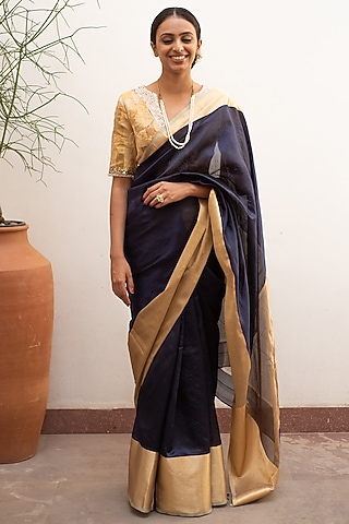 Navy Blue Silk Chanderi Saree Set by Priyanka Raajiv